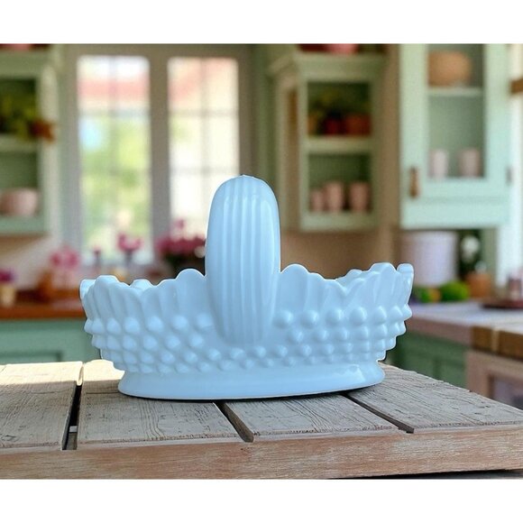 Fenton Other - Vtg Fenton Basket Hobnail Milk Glass Oval Double Ribbed Handle Dish Cottagecore